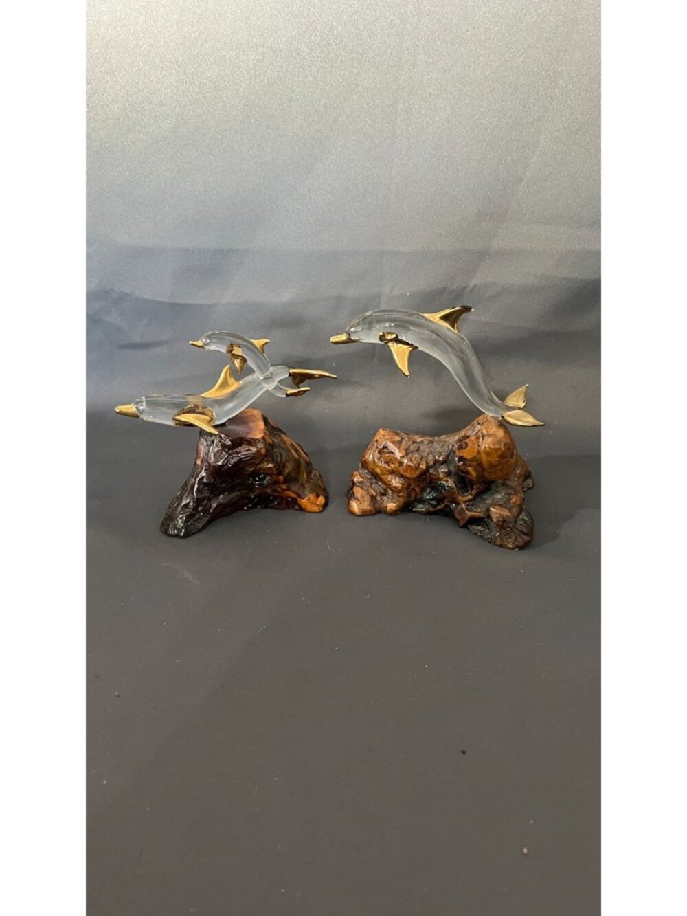 2 Elegant Glass Dolphin Figurines With Gold Accents On Driftwood By Glass Baron